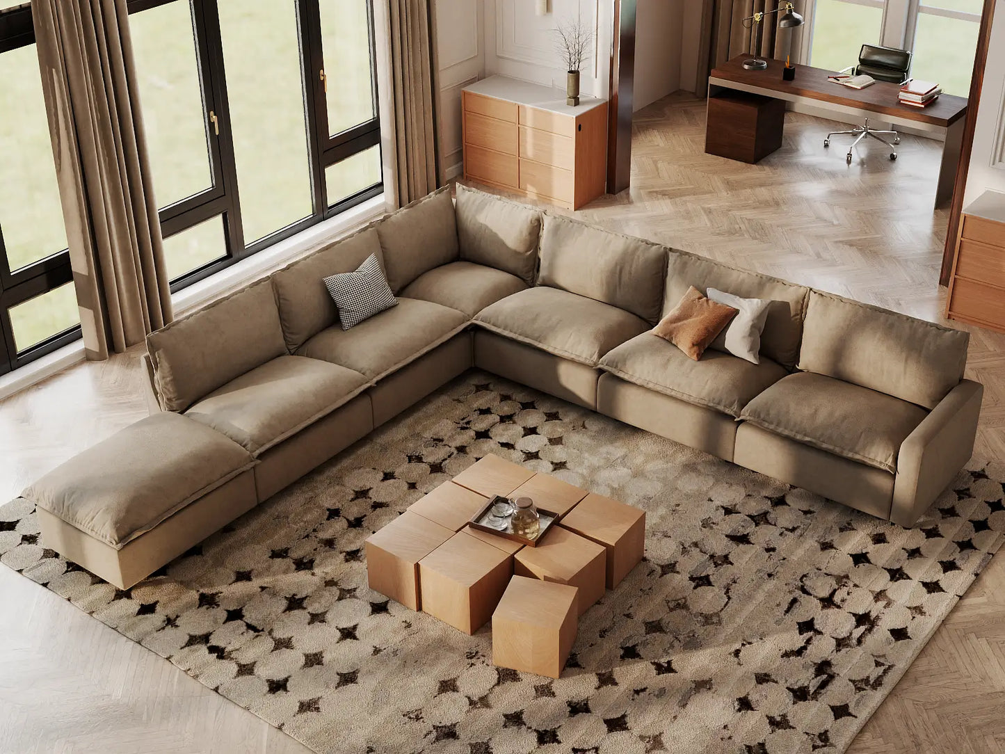 Modular Cero Modular Sectionals | 7-Piece Khaki Linen Grand Estate V-Shaped Sectionals 6-Seater with 1-Ottoman