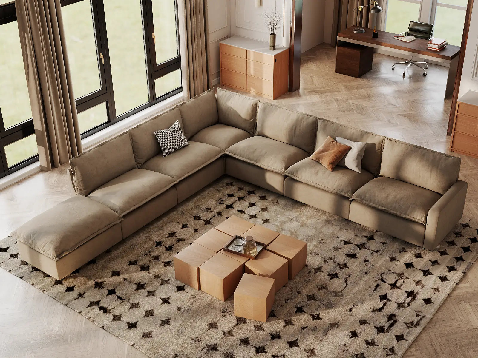 Modular Cero Washable Modular Sectional | 7-Piece Khaki Linen Grand Estate V-Shaped Sectionals 6-Seater with 1-Ottoman