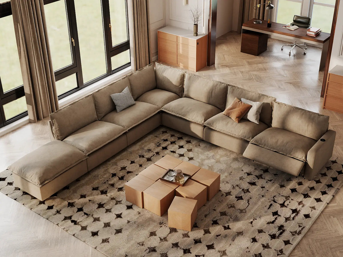 Modular Cero Reclining Sectionals | 7-Piece Khaki Linen Grand Estate V-Shaped Sectionals 6-Seater with 1-Ottoman