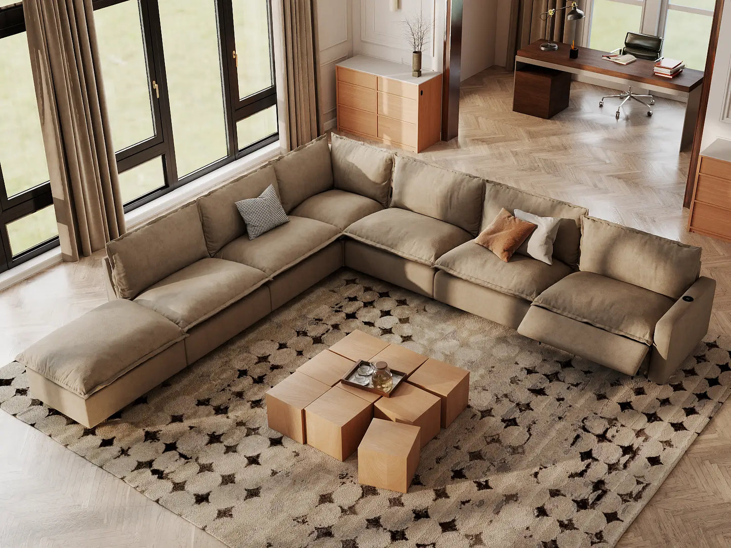 Modular Cero Reclining Sectionals | 7-Piece Khaki Linen Grand Estate V-Shaped Sectionals 6-Seater with 1-Ottoman