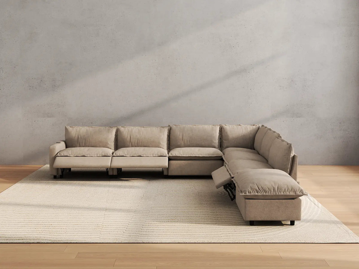 Modular Cero Reclining Sectionals | 7-Piece Khaki Linen Grand Estate V-Shaped Sectionals 6-Seater with 1-Ottoman