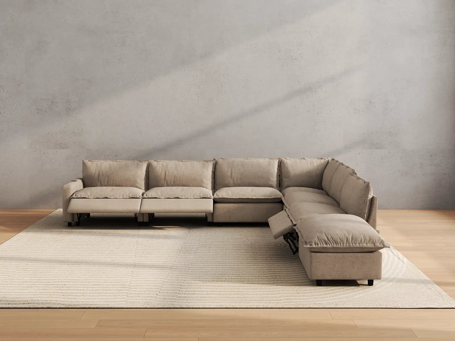 Modular Cero Reclining Sectionals | 7-Piece Khaki Linen Grand Estate V-Shaped Sectionals 6-Seater with 1-Ottoman