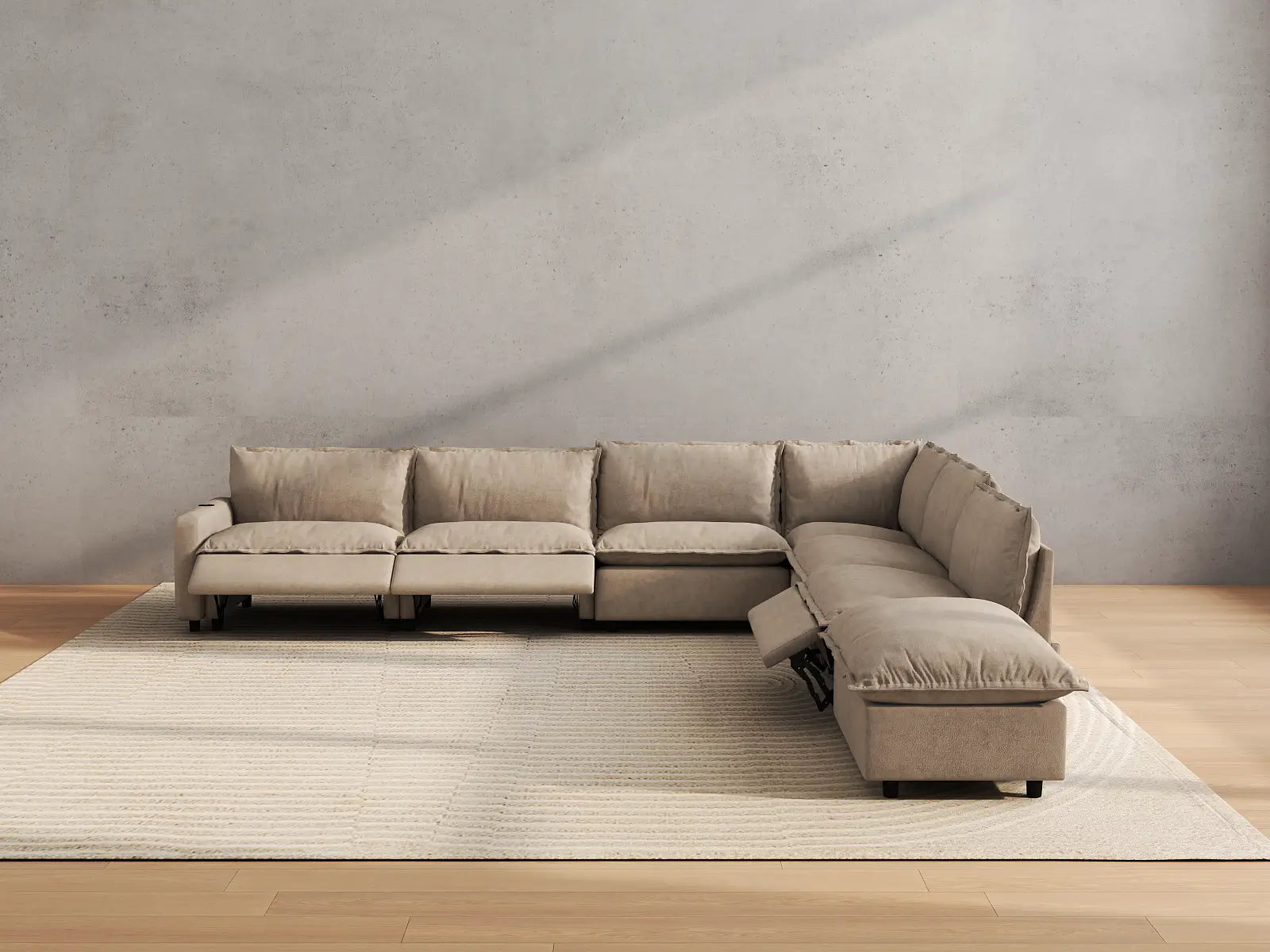 Modular Cero Power Reclining Chaise Sectional | 7-Piece Khaki Linen Grand Estate V-Shaped Sectionals 6-Seater with 1-Ottoman