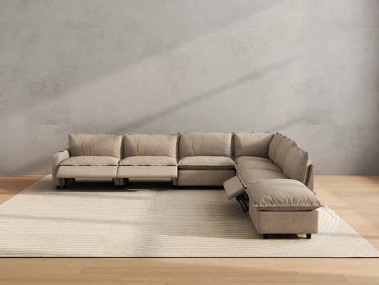 Modular Cero Reclining Sectionals | 7-Piece Khaki Linen Grand Estate V-Shaped Sectionals 6-Seater with 1-Ottoman