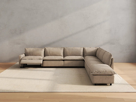 Modular Cero Reclining Sectionals | 7-Piece Khaki Linen Grand Estate V-Shaped Sectionals 6-Seater with 1-Ottoman