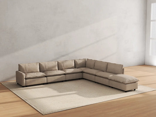 Modular Cero Modular Sectionals | 7-Piece Khaki Linen Grand Estate V-Shaped Sectionals 6-Seater with 1-Ottoman