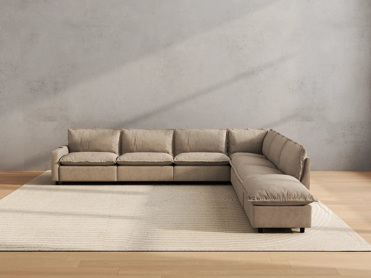 Modular Cero Reclining Sectionals | 7-Piece Khaki Linen Grand Estate V-Shaped Sectionals 6-Seater with 1-Ottoman