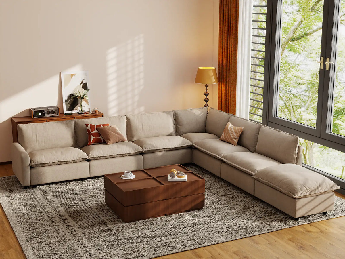 Modular Cero Modular Sectionals | 7-Piece Khaki Linen Grand Estate V-Shaped Sectionals 6-Seater with 1-Ottoman