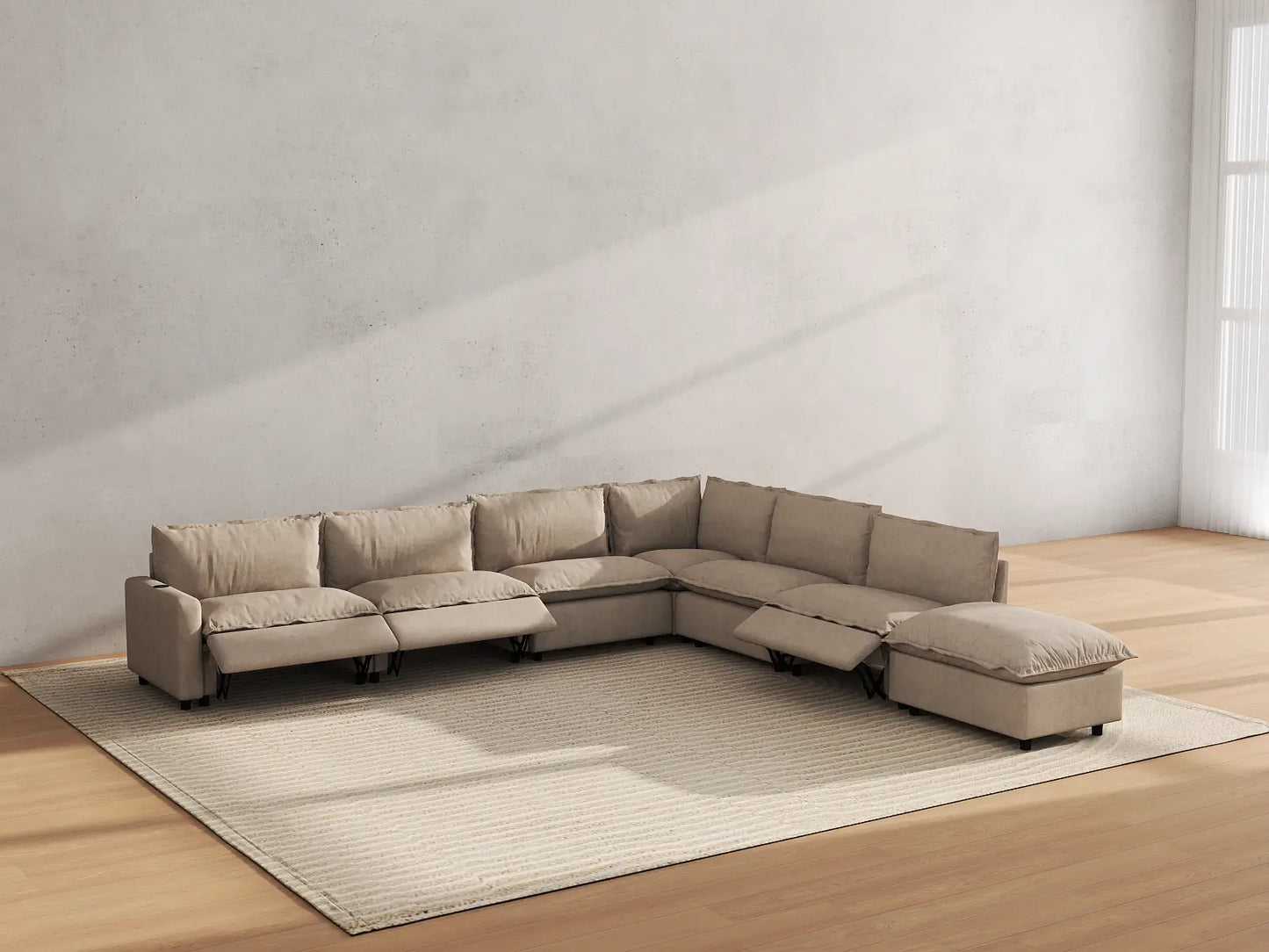 Modular Cero Reclining Sectionals | 7-Piece Khaki Linen Grand Estate V-Shaped Sectionals 6-Seater with 1-Ottoman