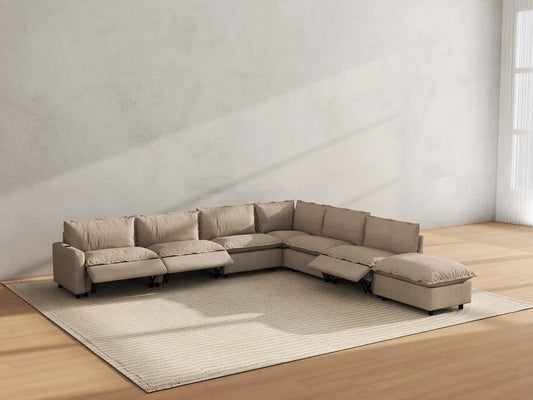 Modular Cero Reclining Sectionals | 7-Piece Khaki Linen Grand Estate V-Shaped Sectionals 6-Seater with 1-Ottoman
