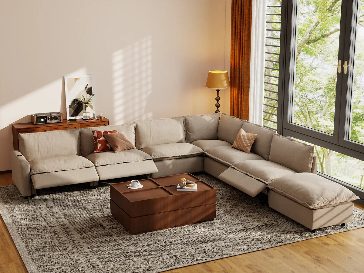 Modular Cero Reclining Sectionals | 7-Piece Khaki Linen Grand Estate V-Shaped Sectionals 6-Seater with 1-Ottoman
