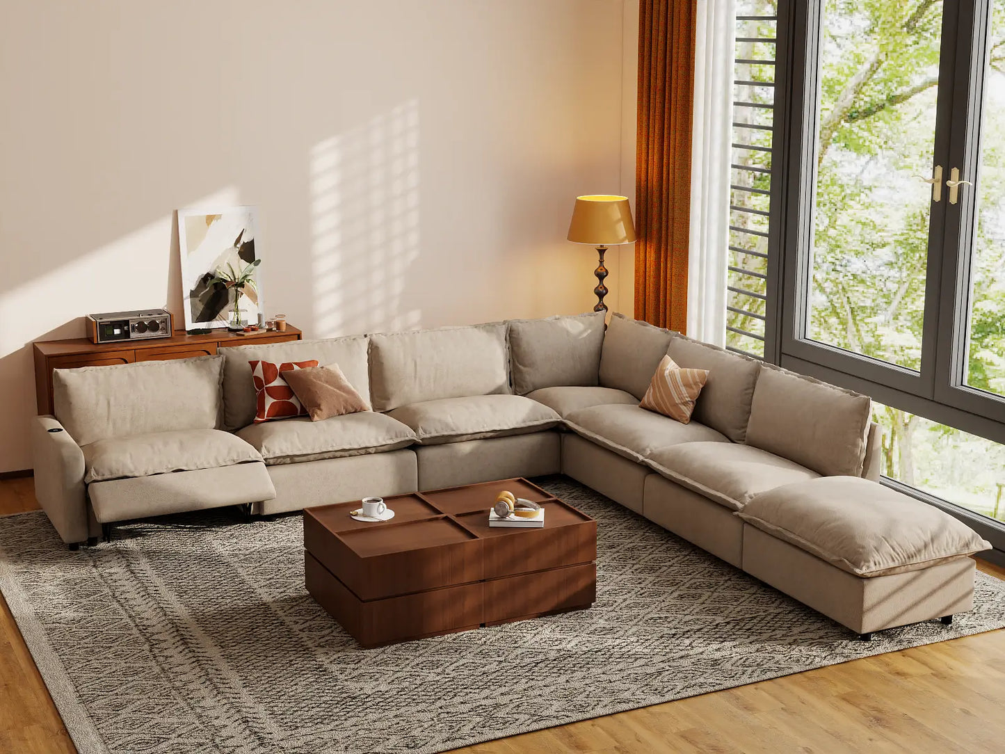 Modular Cero Reclining Sectionals | 7-Piece Khaki Linen Grand Estate V-Shaped Sectionals 6-Seater with 1-Ottoman