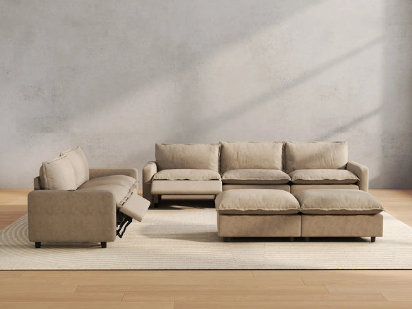 Modular Cero Reclining Sectionals | 7-Piece Khaki Linen Heated Seats Sofa Sets 5-Seater with 2-Ottomans