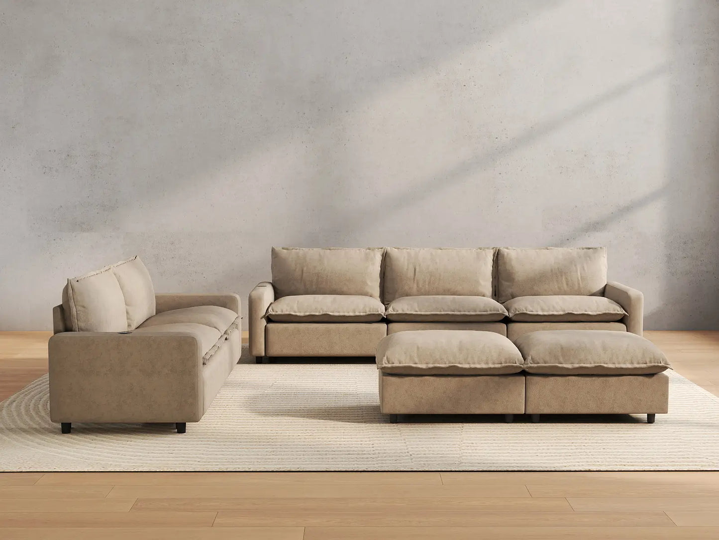 7 Piece Khaki Linen Heated Seats Sofa Sets 5 Seater with 2 Ottomans 5