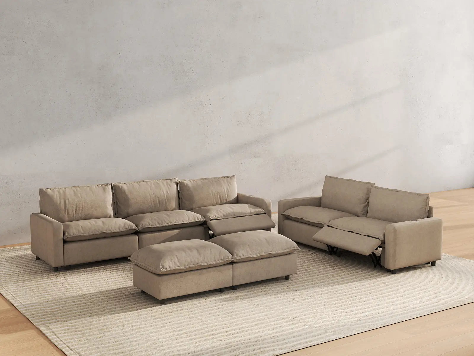 7 Piece Khaki Linen Heated Seats Sofa Sets 5 Seater with 2 Ottomans 6