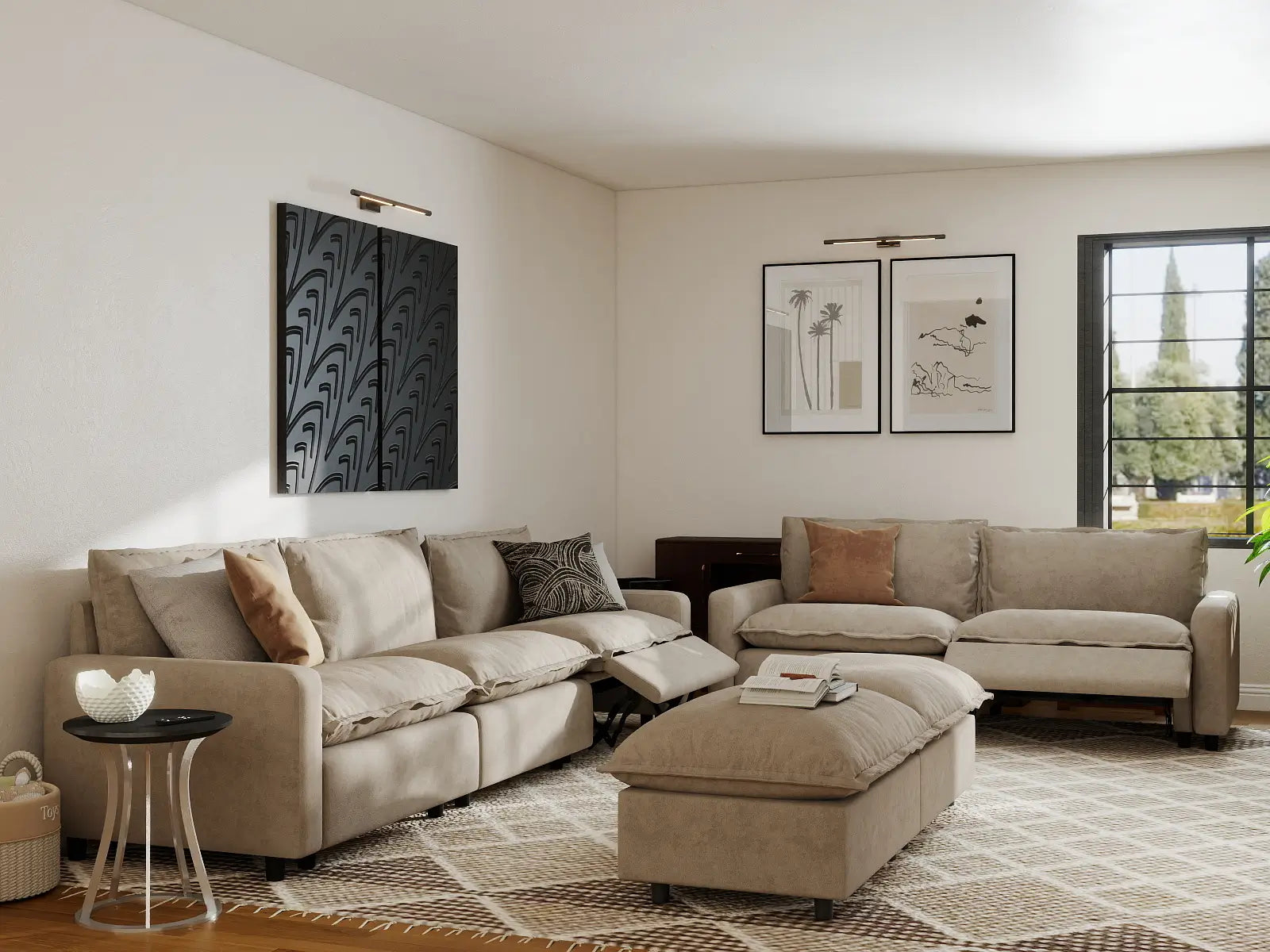 7 Piece Khaki Linen Heated Seats Sofa Sets 5 Seater with 2 Ottomans 7