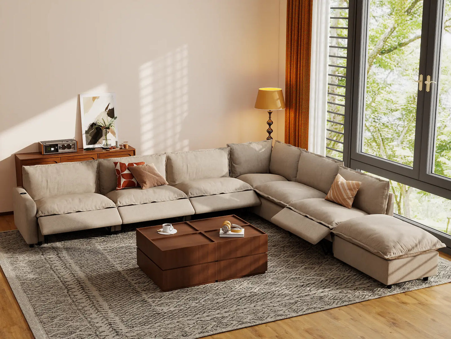 Modular Cero Reclining Sectionals | 7-Piece Khaki Linen Large Space V-Shaped Sectionals 6-Seater with 1-Ottoman
