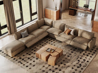 Modular Cero Reclining Sectionals | 7-Piece Khaki Linen Large Space V-Shaped Sectionals 6-Seater with 1-Ottoman