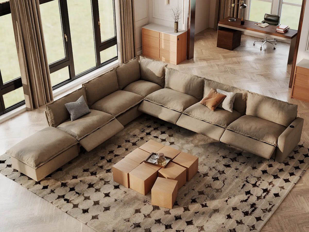 Modular Cero Reclining Sectionals | 7-Piece Khaki Linen Large Space V-Shaped Sectionals 6-Seater with 1-Ottoman