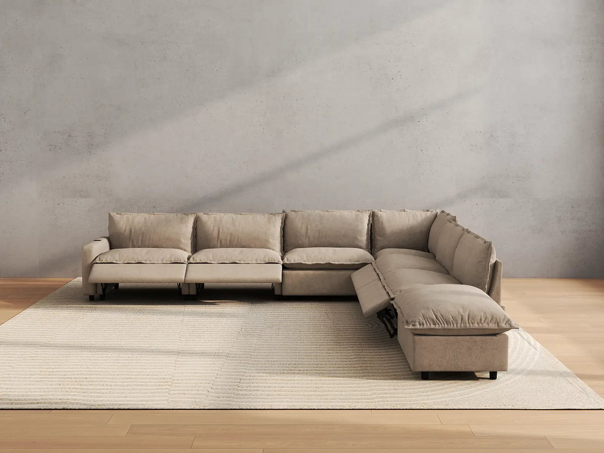 Modular Cero Reclining Sectionals | 7-Piece Khaki Linen Large Space V-Shaped Sectionals 6-Seater with 1-Ottoman
