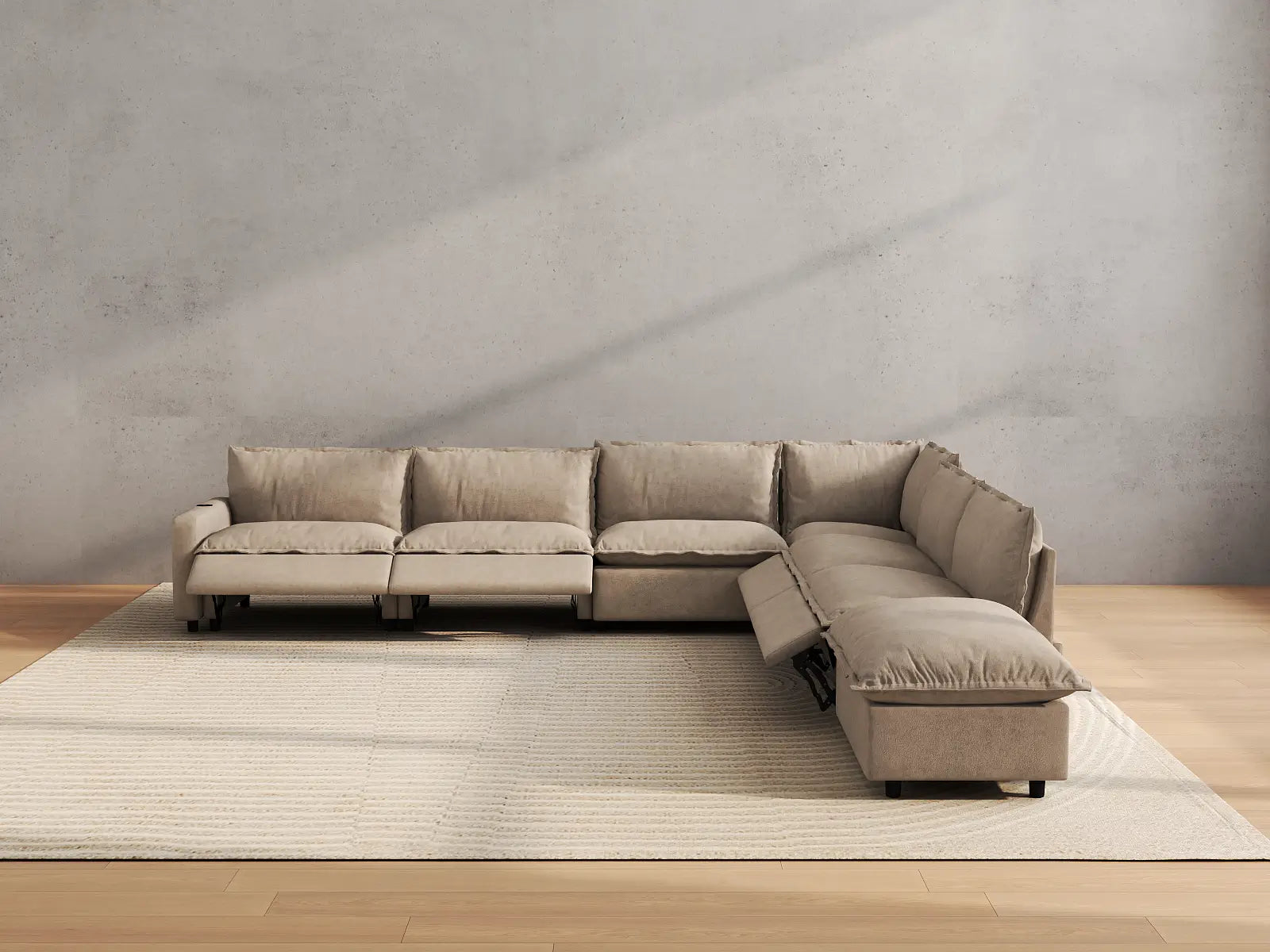 Modular Cero Reclining Chaise Sectional | 7-Piece Khaki Linen Large Space V-Shaped Sectionals 6-Seater with 1-Ottoman
