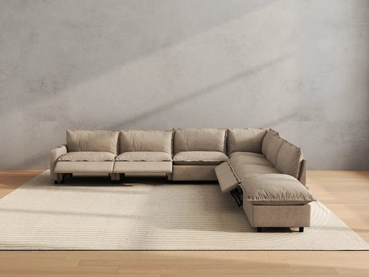 Modular Cero Reclining Sectionals | 7-Piece Khaki Linen Large Space V-Shaped Sectionals 6-Seater with 1-Ottoman