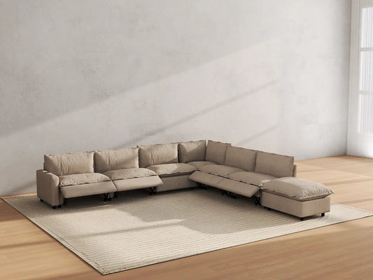 Modular Cero Reclining Sectionals | 7-Piece Khaki Linen Large Space V-Shaped Sectionals 6-Seater with 1-Ottoman