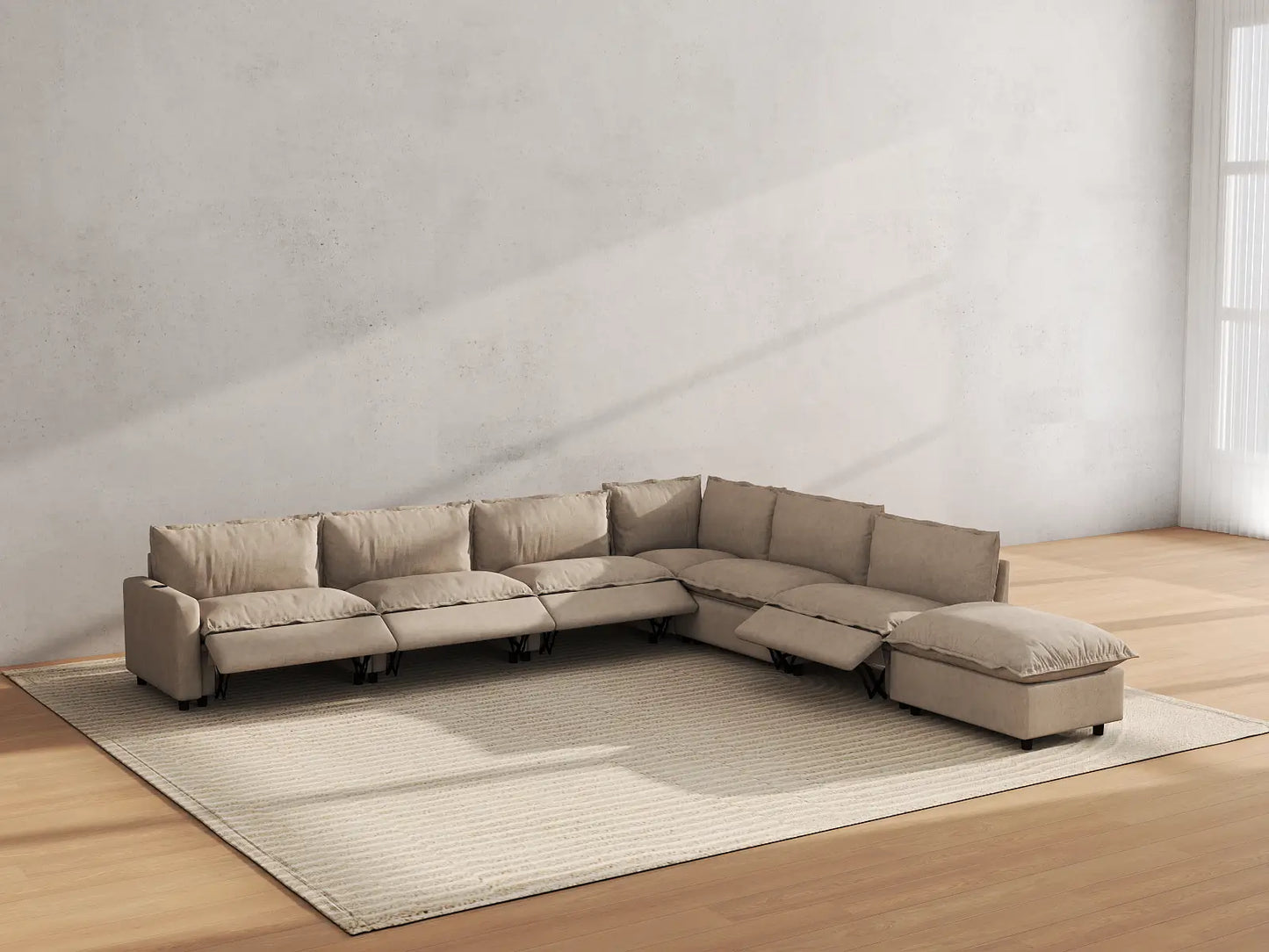 Modular Cero Reclining Sectionals | 7-Piece Khaki Linen Large Space V-Shaped Sectionals 6-Seater with 1-Ottoman