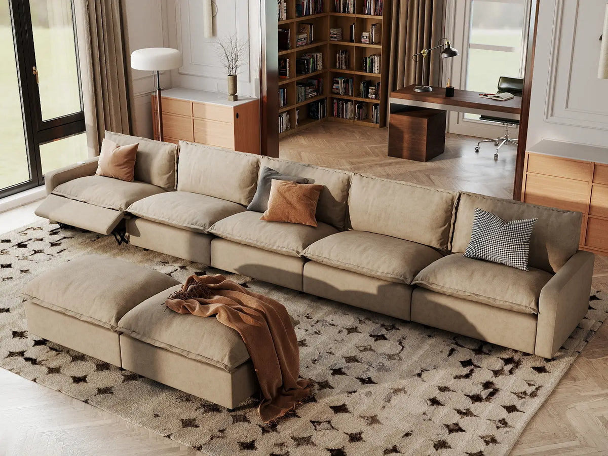 7 Piece Khaki Linen Movie Night Best Sofa Sets 5 Seater with 2 Ottomans 1