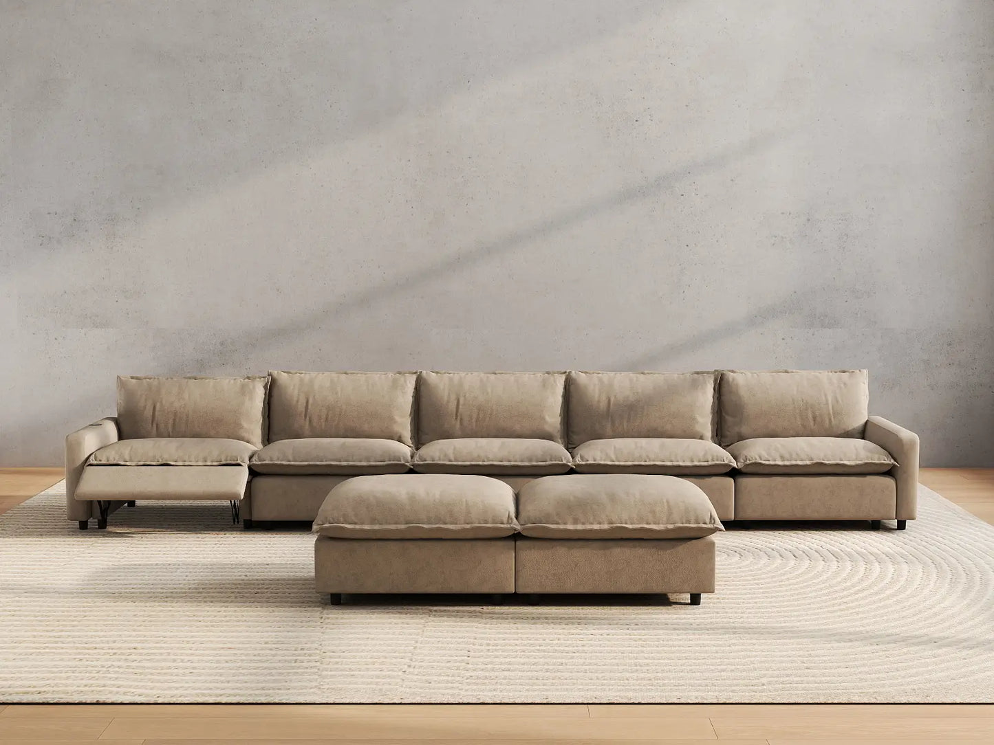 7 Piece Khaki Linen Movie Night Best Sofa Sets 5 Seater with 2 Ottomans 4