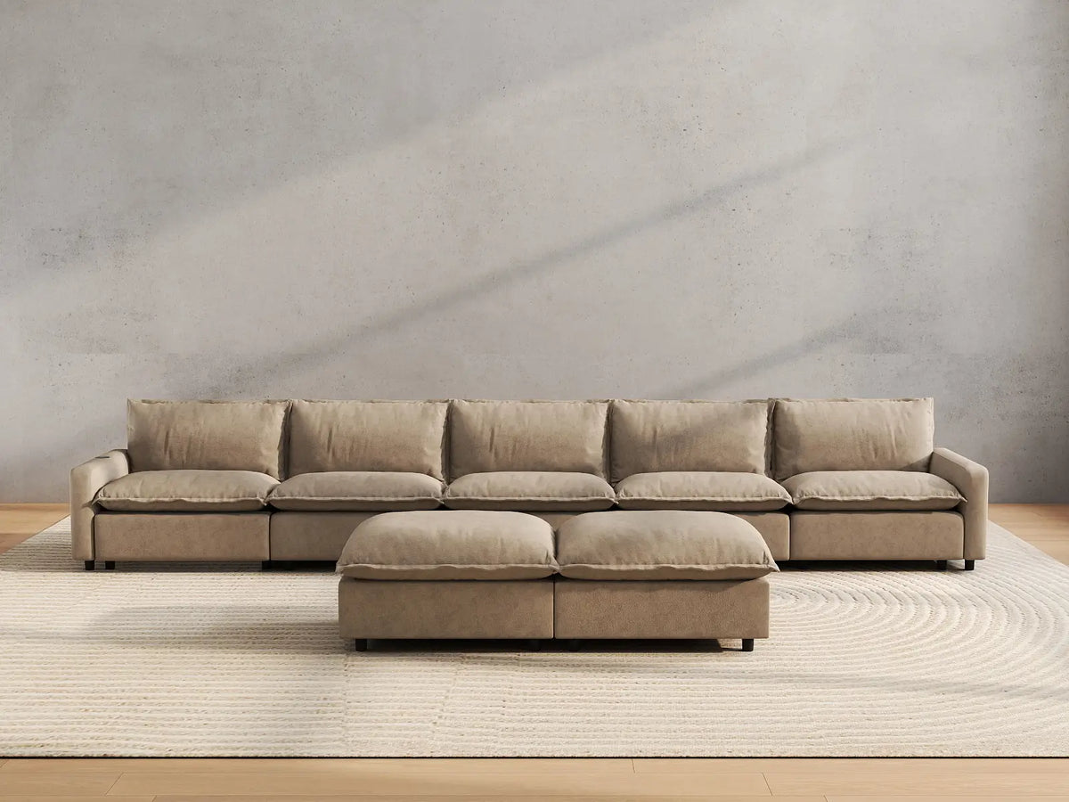7 Piece Khaki Linen Movie Night Best Sofa Sets 5 Seater with 2 Ottomans 5