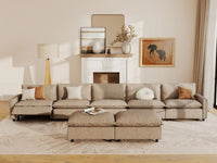 7 Piece Khaki Linen Movie Night Best Sofa Sets 5 Seater with 2 Ottomans 7