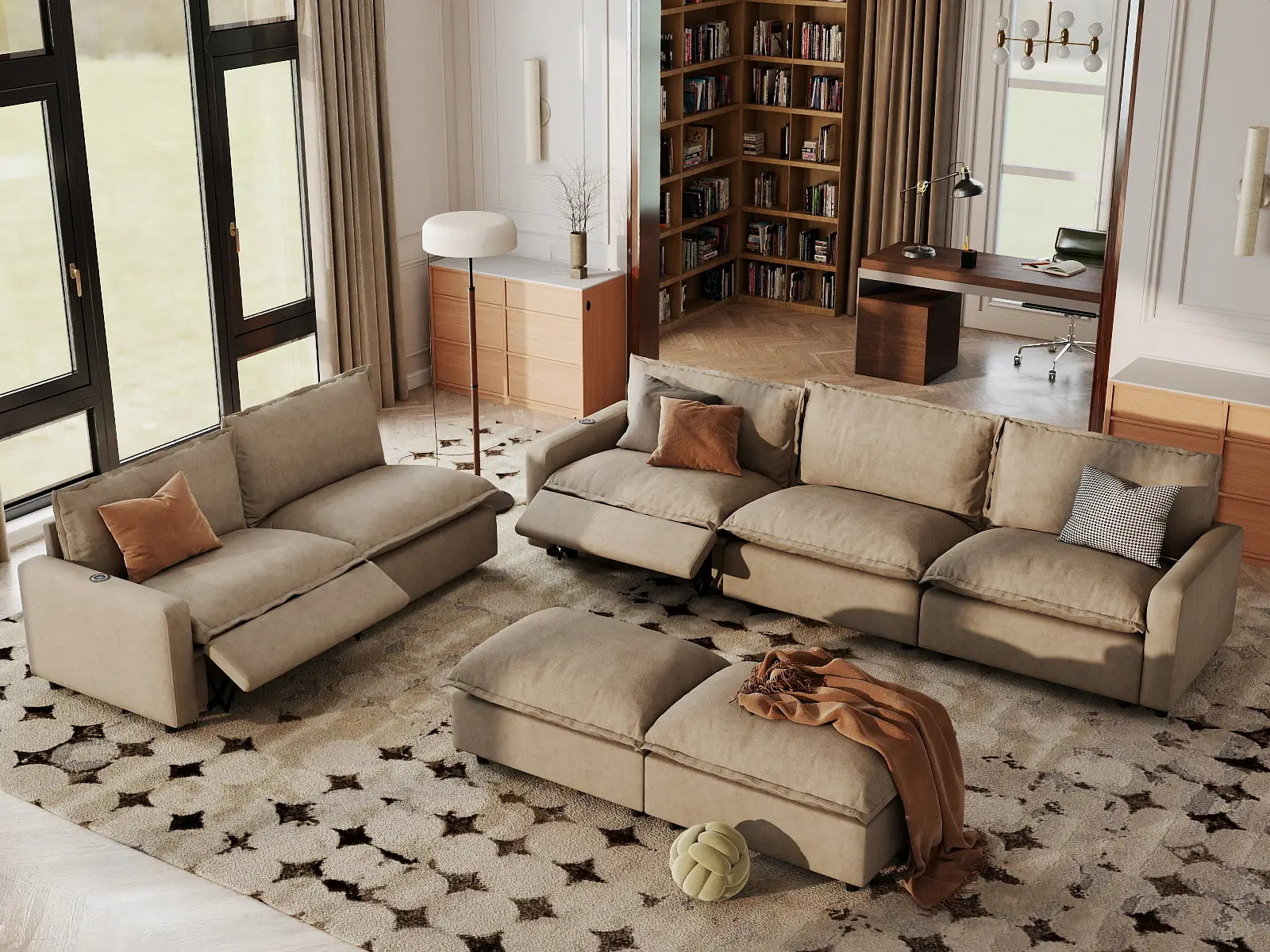 7 Piece Khaki Linen Quiet Motion Sofa Sets 5 Seater with 2 Ottomans 1