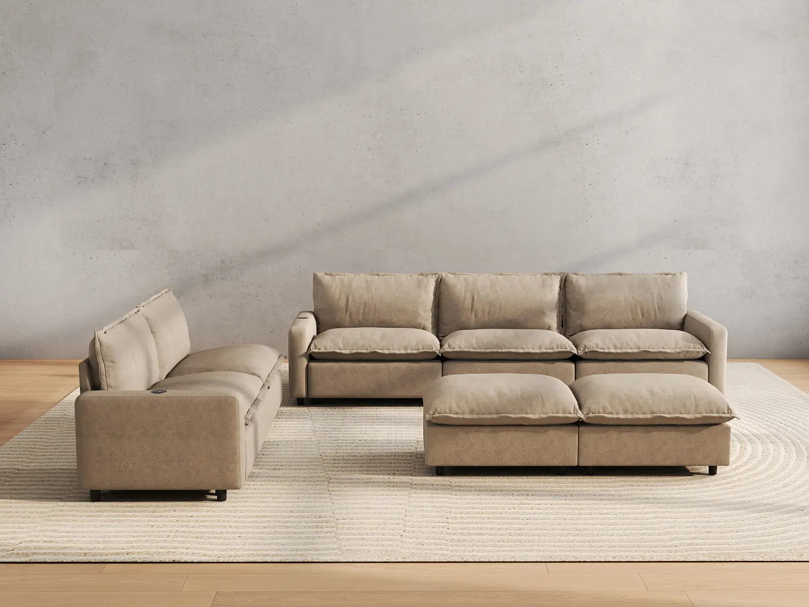 7 Piece Khaki Linen Quiet Motion Sofa Sets 5 Seater with 2 Ottomans 4