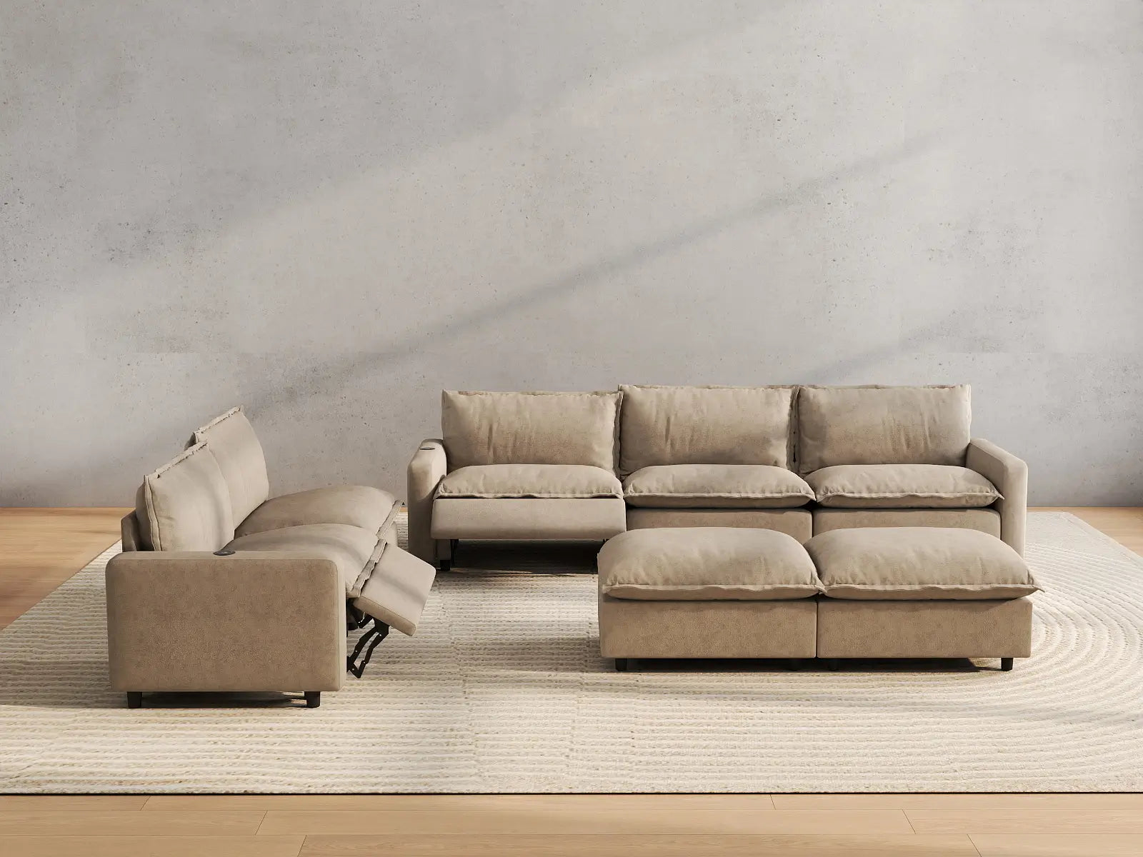 7 Piece Khaki Linen Quiet Motion Sofa Sets 5 Seater with 2 Ottomans 5