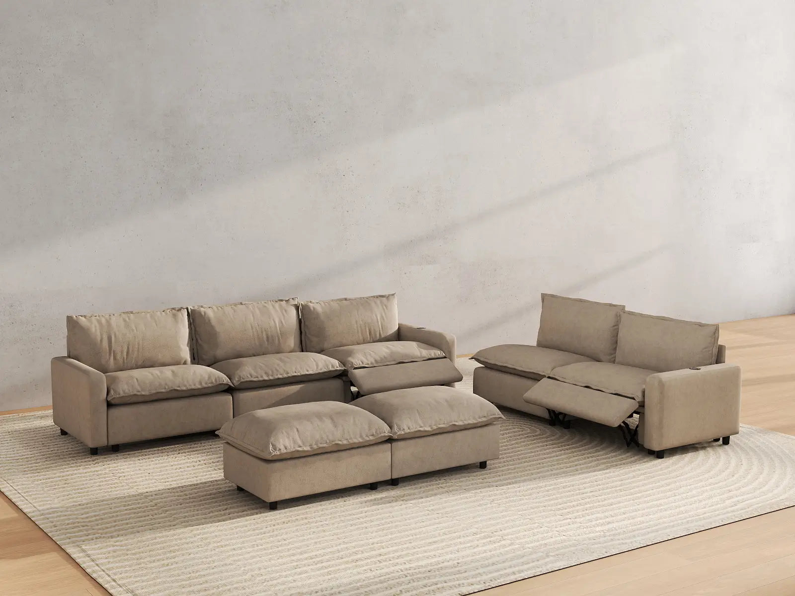7 Piece Khaki Linen Quiet Motion Sofa Sets 5 Seater with 2 Ottomans 6