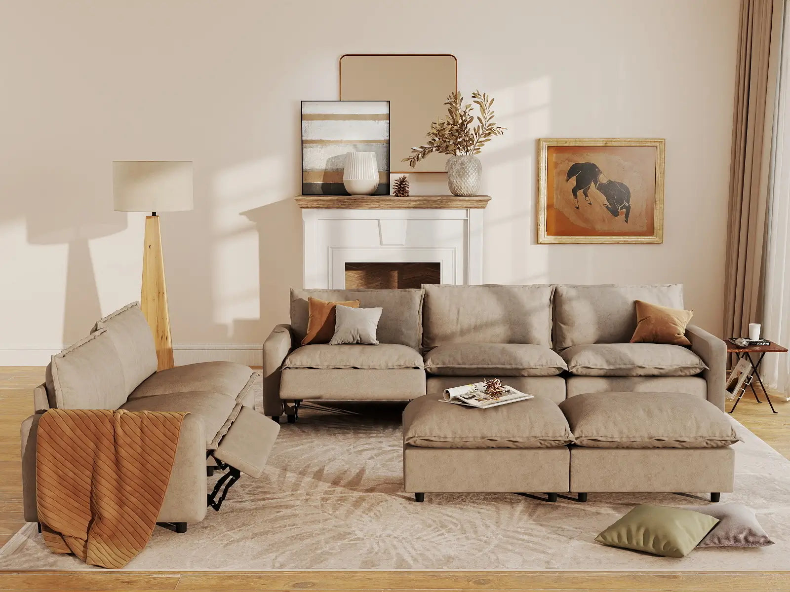 7 Piece Khaki Linen Quiet Motion Sofa Sets 5 Seater with 2 Ottomans 7