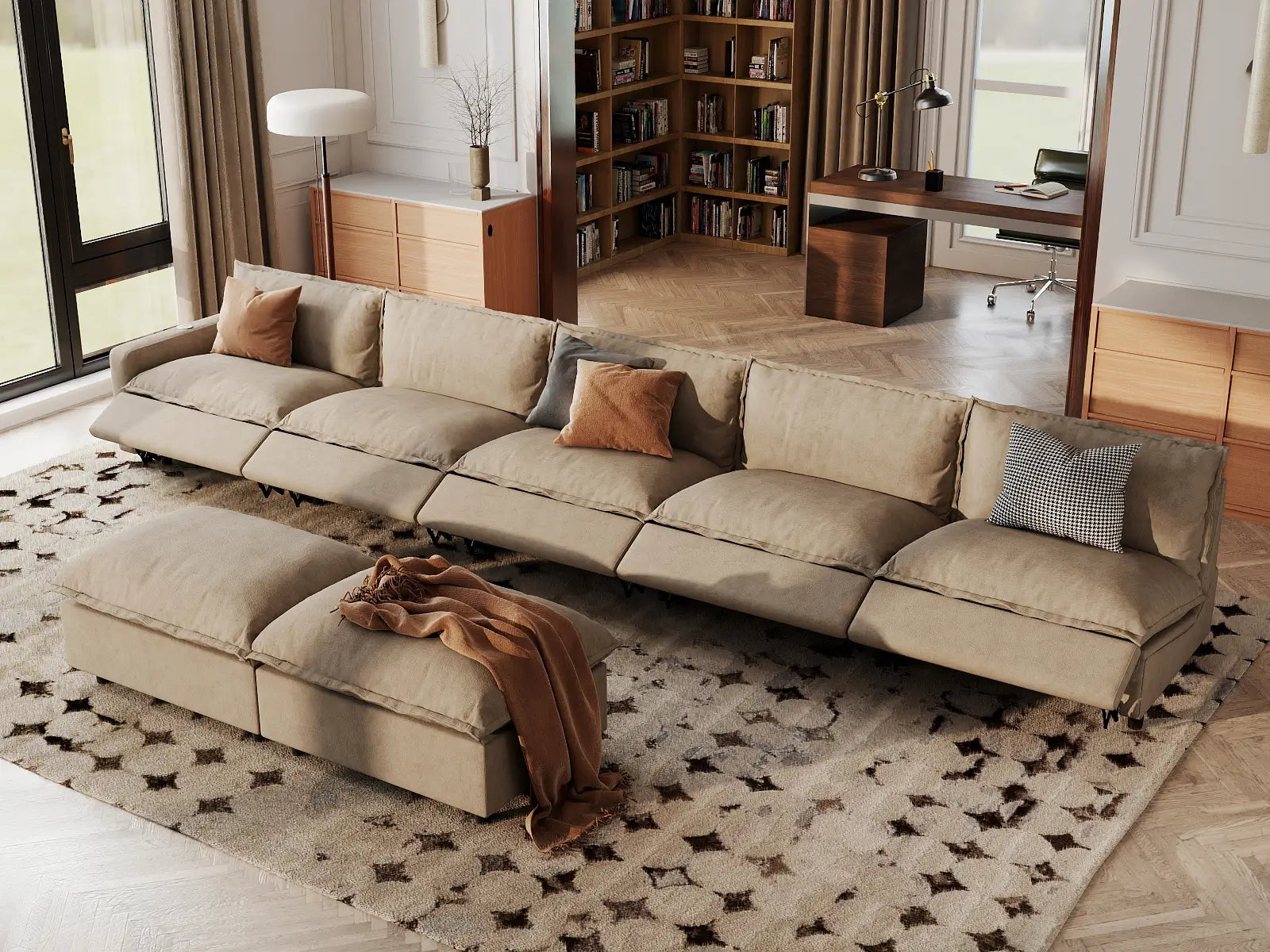 7 Piece Khaki Linen Sit Sleep Play Sofa Sets 5 Seater with 2 Ottomans 1