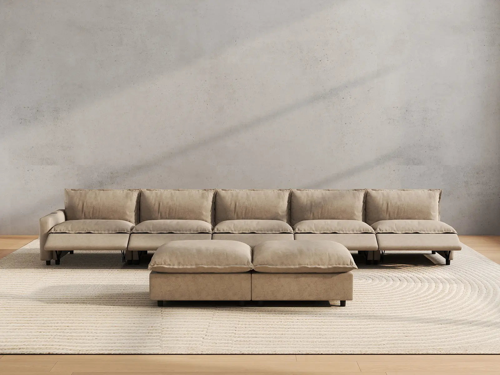 7 Piece Khaki Linen Sit Sleep Play Sofa Sets 5 Seater with 2 Ottomans 4