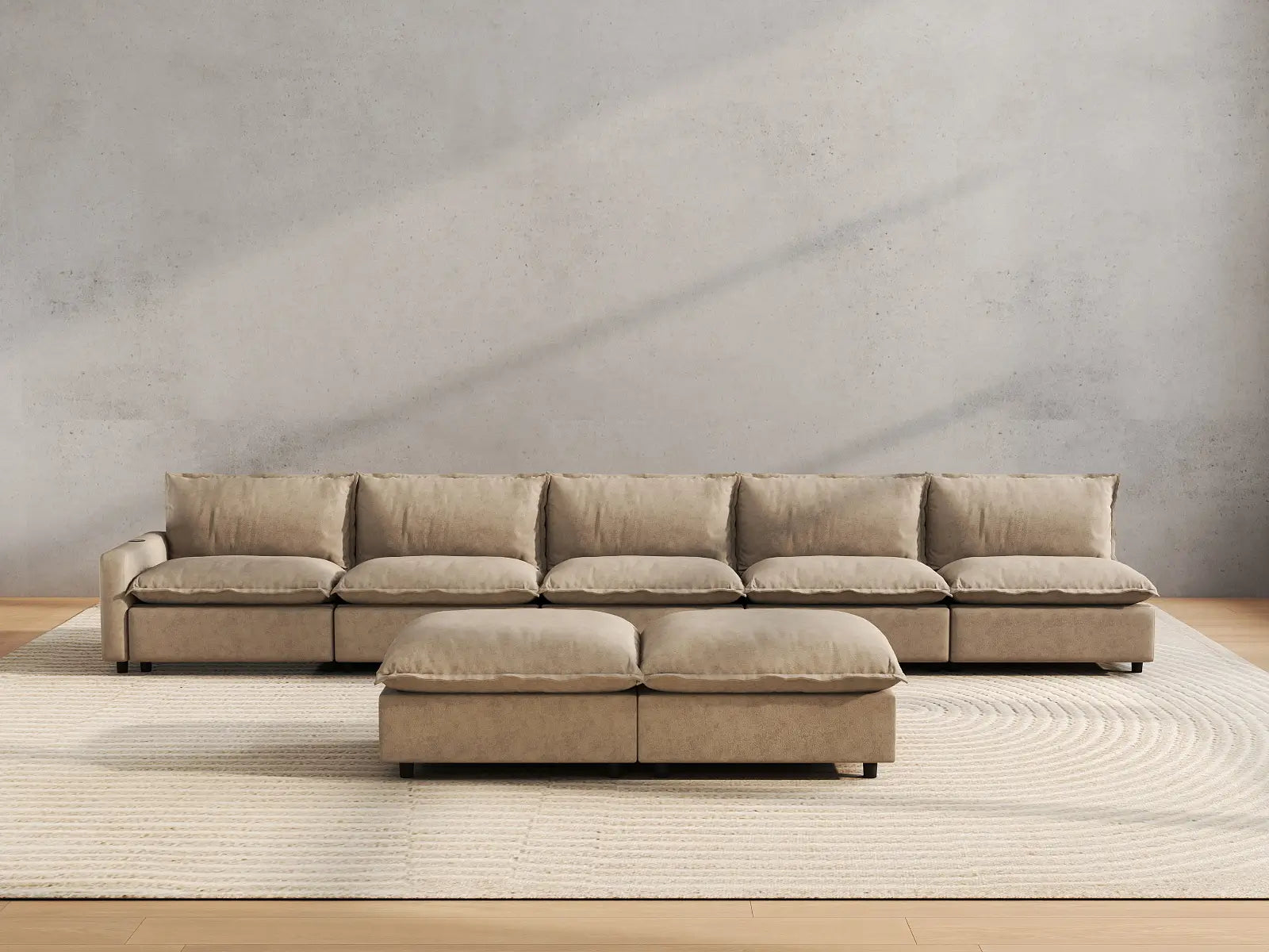7 Piece Khaki Linen Sit Sleep Play Sofa Sets 5 Seater with 2 Ottomans 5