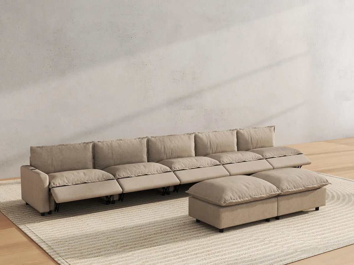7 Piece Khaki Linen Sit Sleep Play Sofa Sets 5 Seater with 2 Ottomans 6