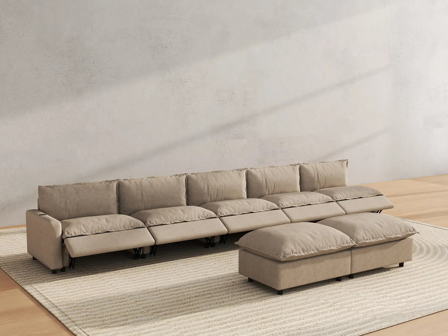 7 Piece Khaki Linen Sit Sleep Play Sofa Sets 5 Seater with 2 Ottomans 6