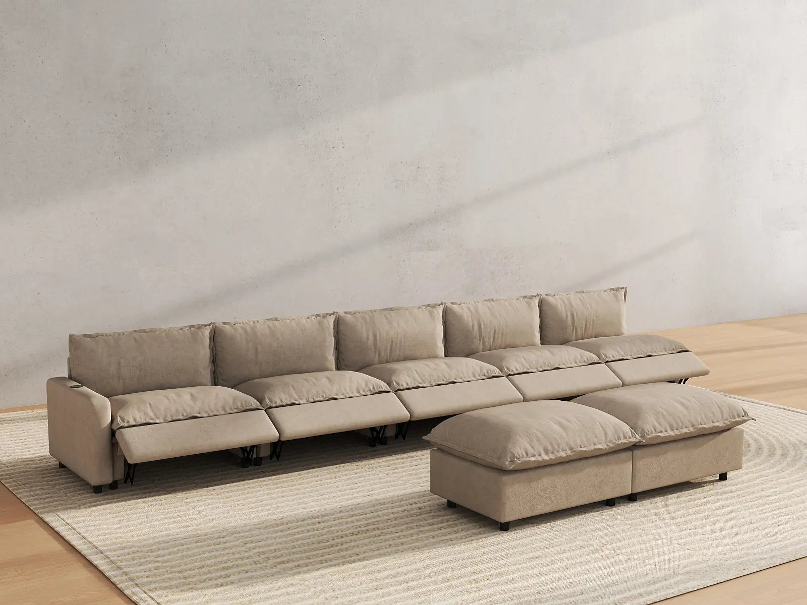 7 Piece Khaki Linen Sit Sleep Play Sofa Sets 5 Seater with 2 Ottomans 6