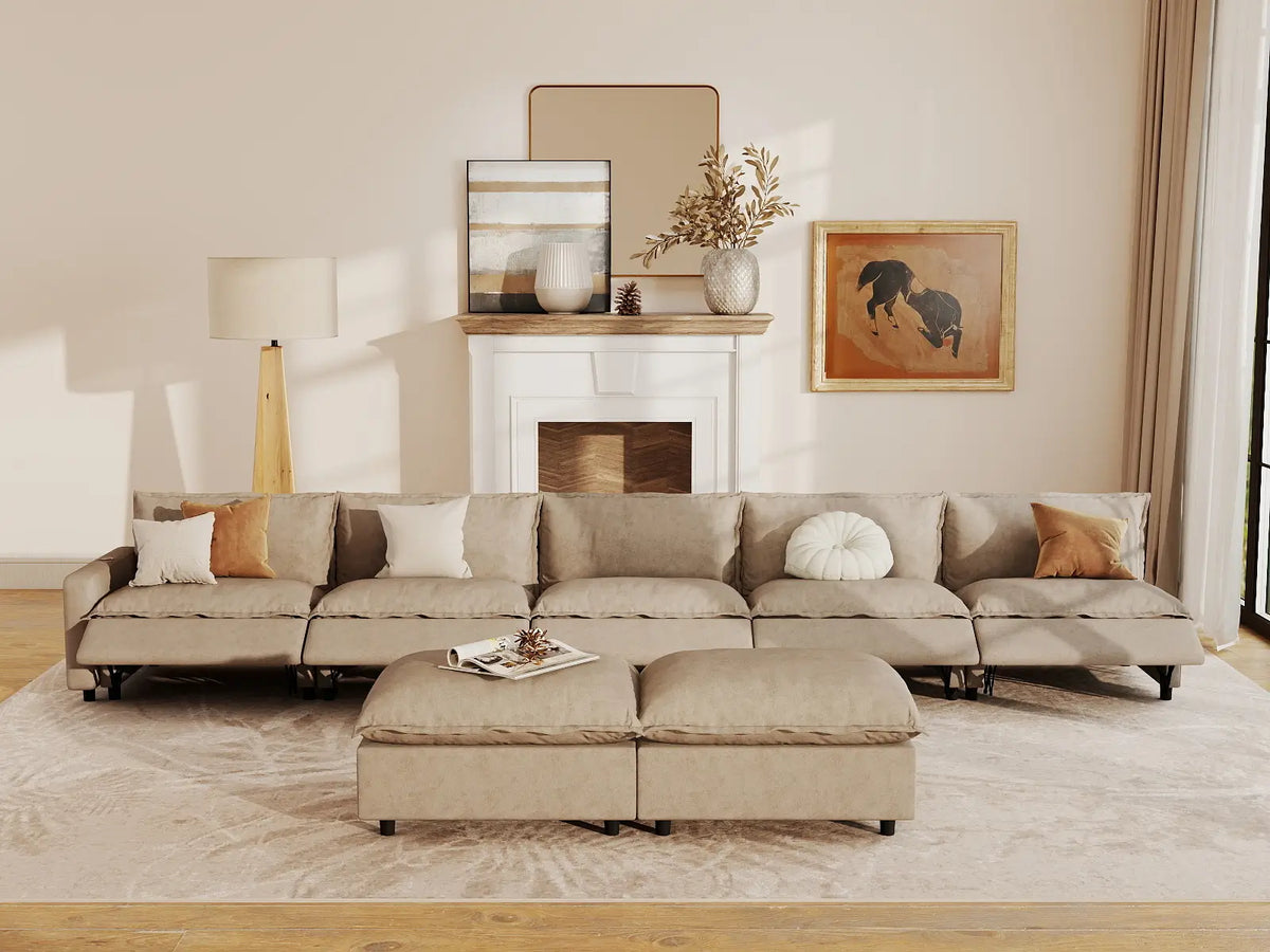 7 Piece Khaki Linen Sit Sleep Play Sofa Sets 5 Seater with 2 Ottomans 7