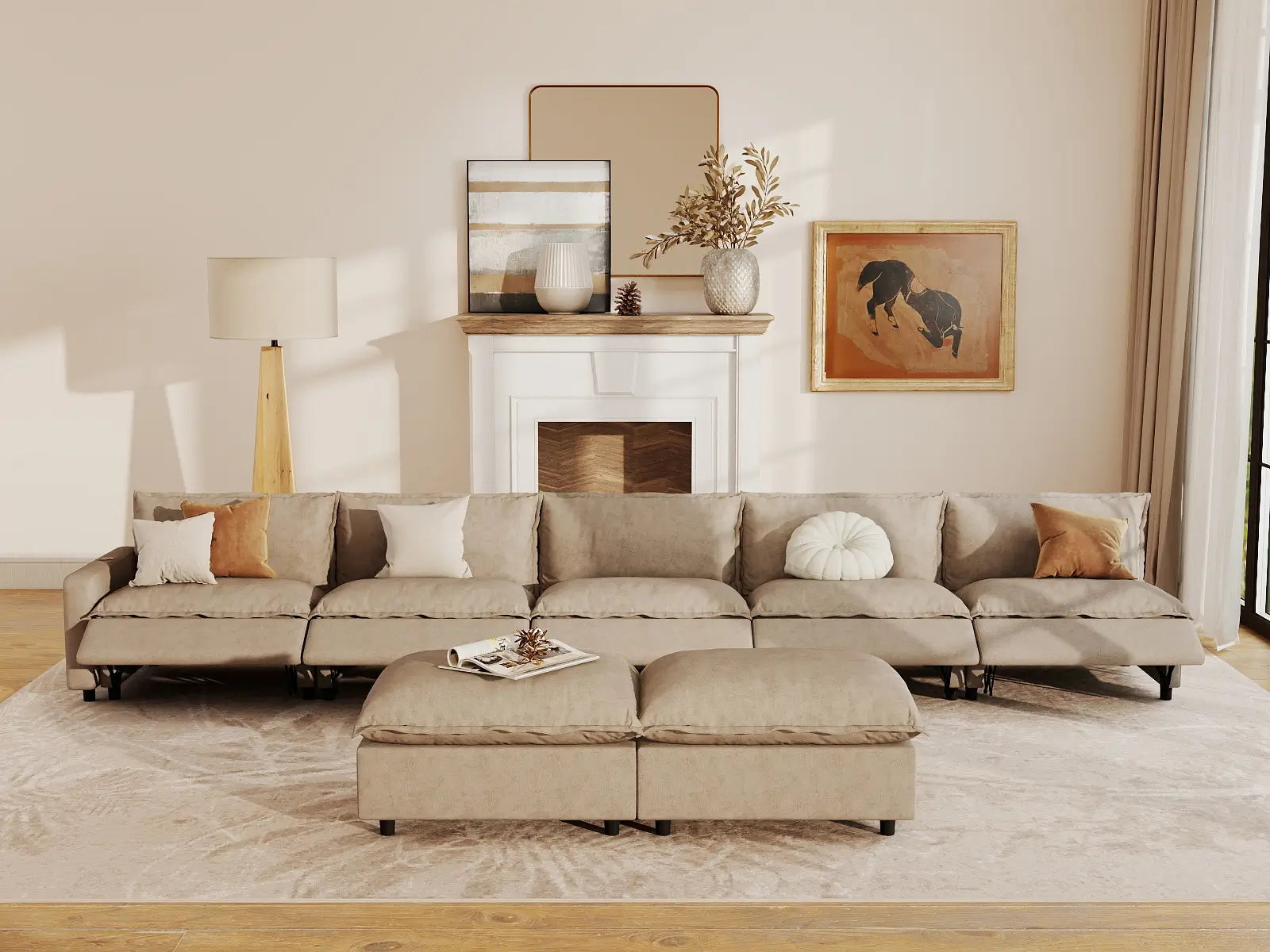 7 Piece Khaki Linen Sit Sleep Play Sofa Sets 5 Seater with 2 Ottomans 7