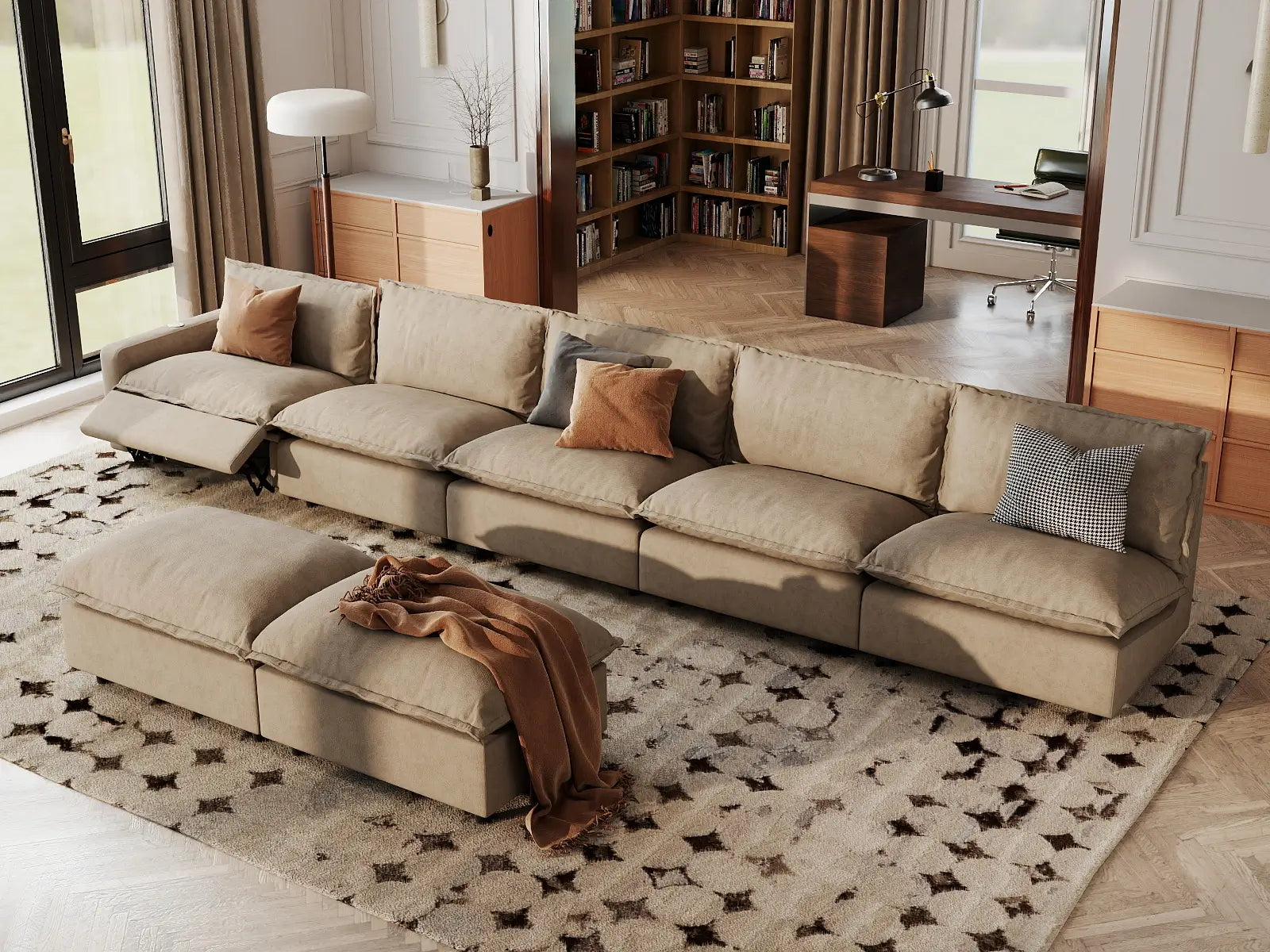 7 Piece Khaki Linen Sleek Modern Look Sofa Sets 5 Seater with 2 Ottomans 1