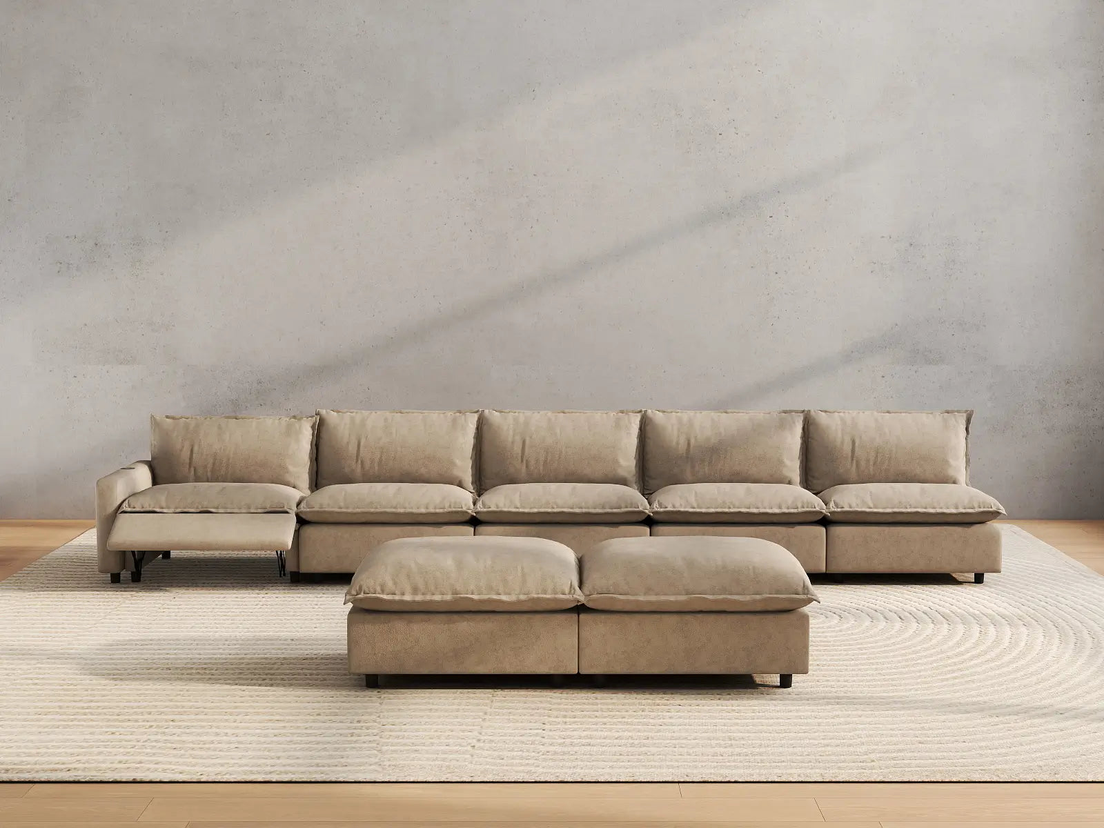 7 Piece Khaki Linen Sleek Modern Look Sofa Sets 5 Seater with 2 Ottomans 4