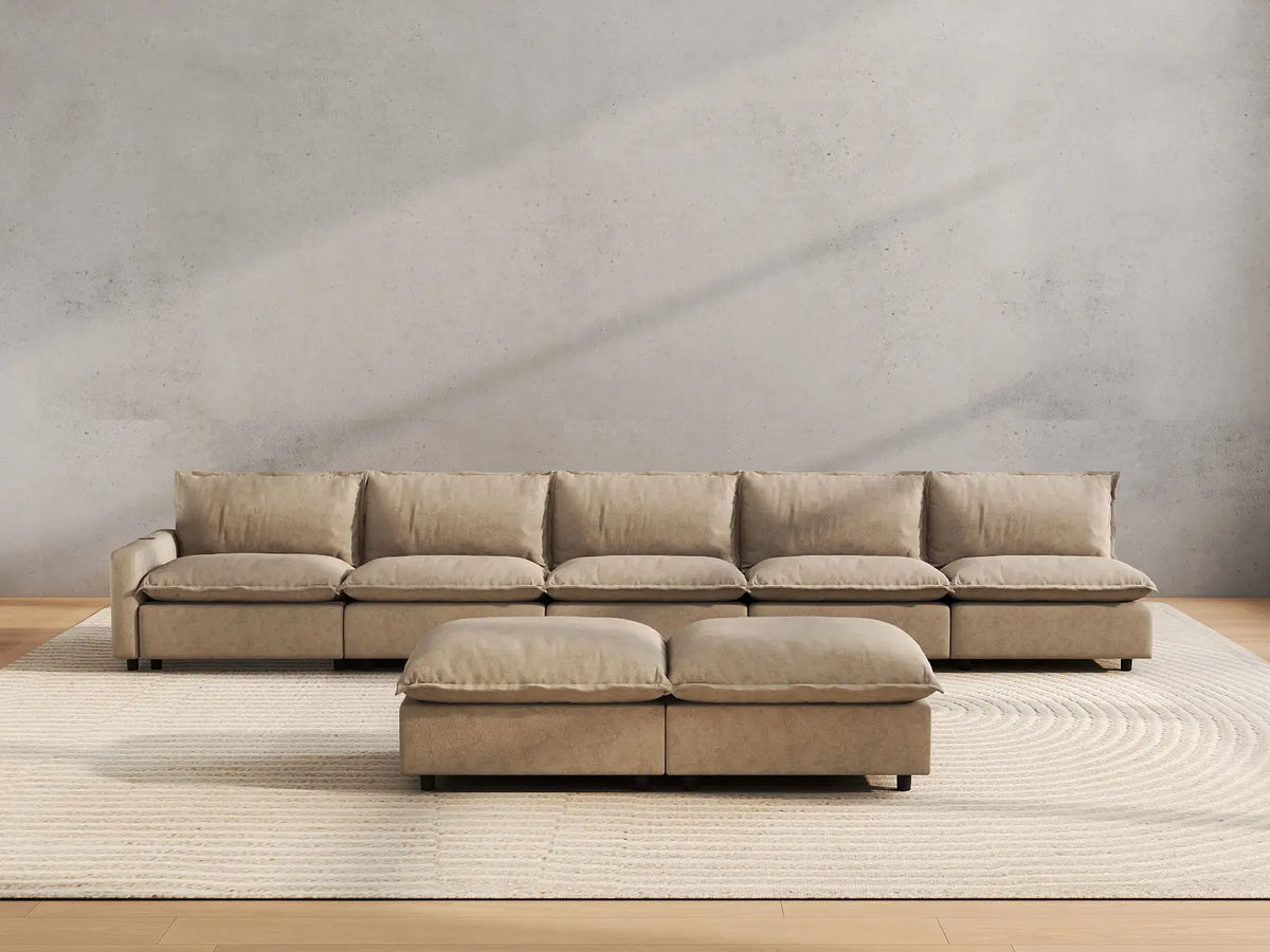7 Piece Khaki Linen Sleek Modern Look Sofa Sets 5 Seater with 2 Ottomans 5