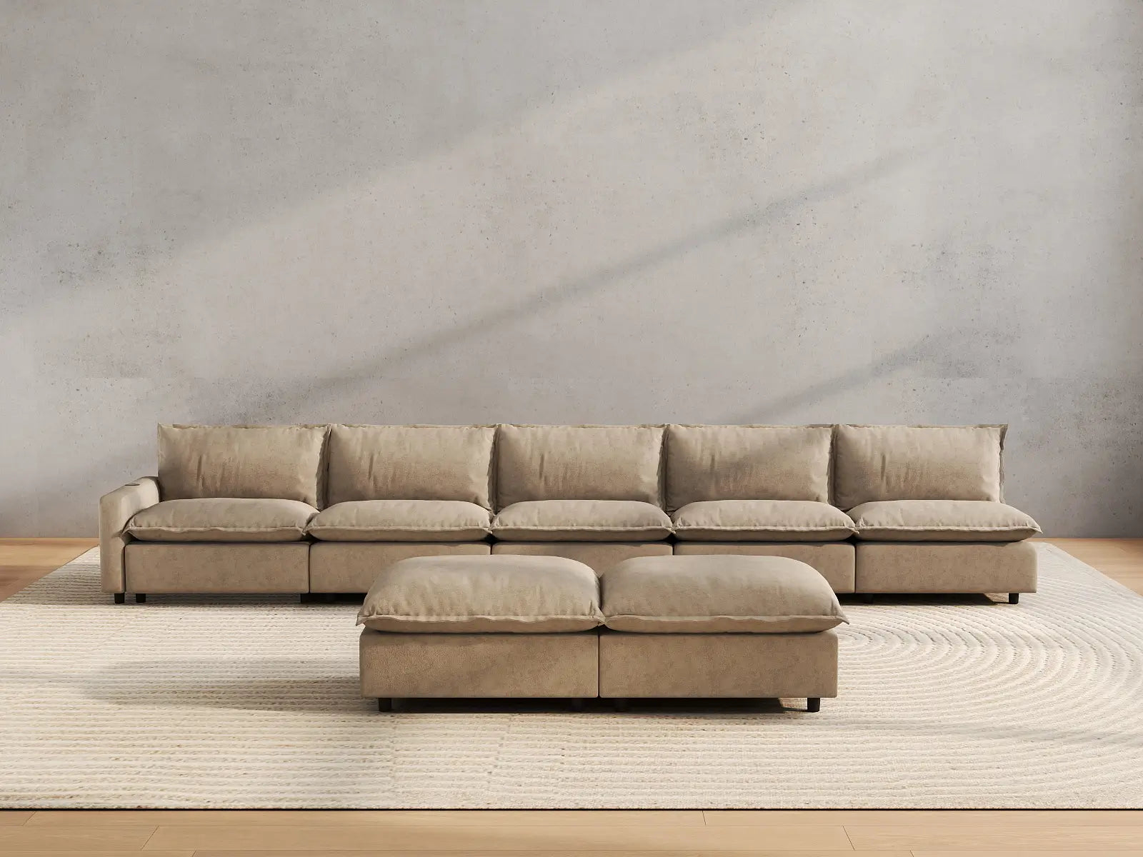 7 Piece Khaki Linen Sleek Modern Look Sofa Sets 5 Seater with 2 Ottomans 5
