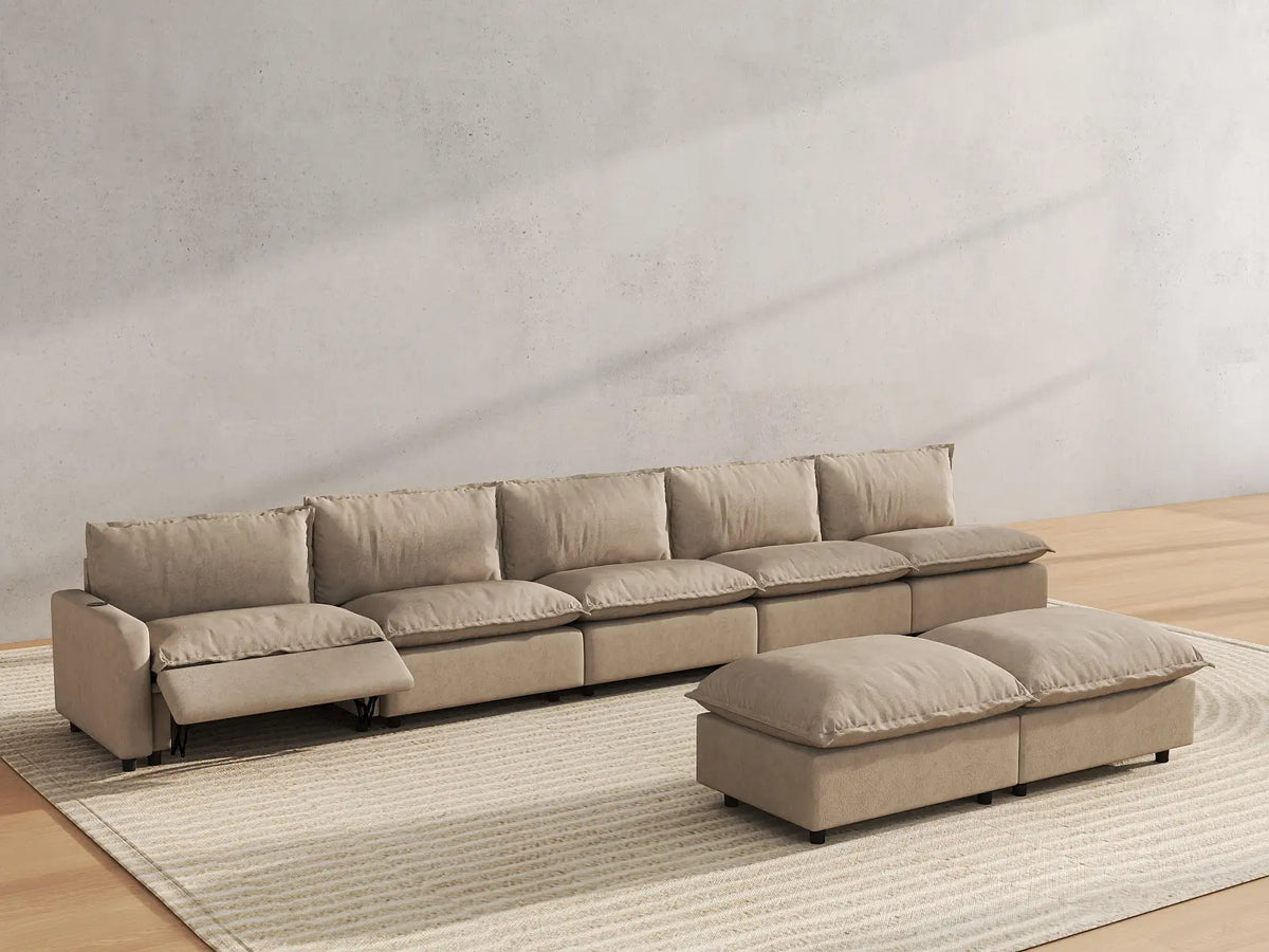 7 Piece Khaki Linen Sleek Modern Look Sofa Sets 5 Seater with 2 Ottomans 6